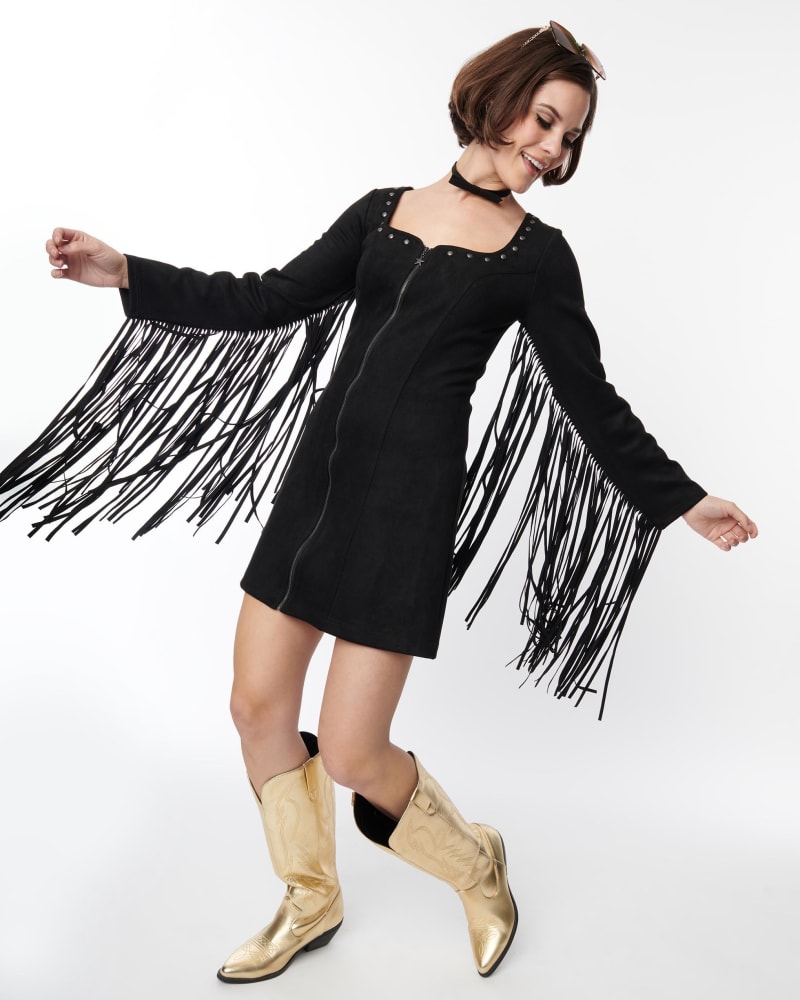 Front of a model wearing a size 4X Smak Parlour Black Suede Shift Fringe Dress in Black by Smak Parlour. | dia_product_style_image_id:319599